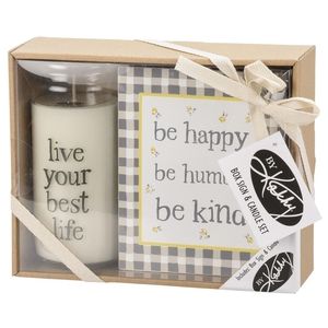 Happiness Boxed Gift Set Box Wall Shelf Sign Jar Soy Candle Sage Be Happy Live